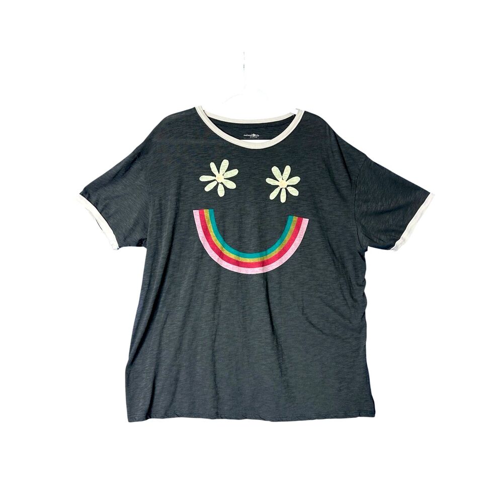 Natural Life Womens Charcoal Ringer Tee Sz M Oversized Rainbow Smiley Daisy Boho